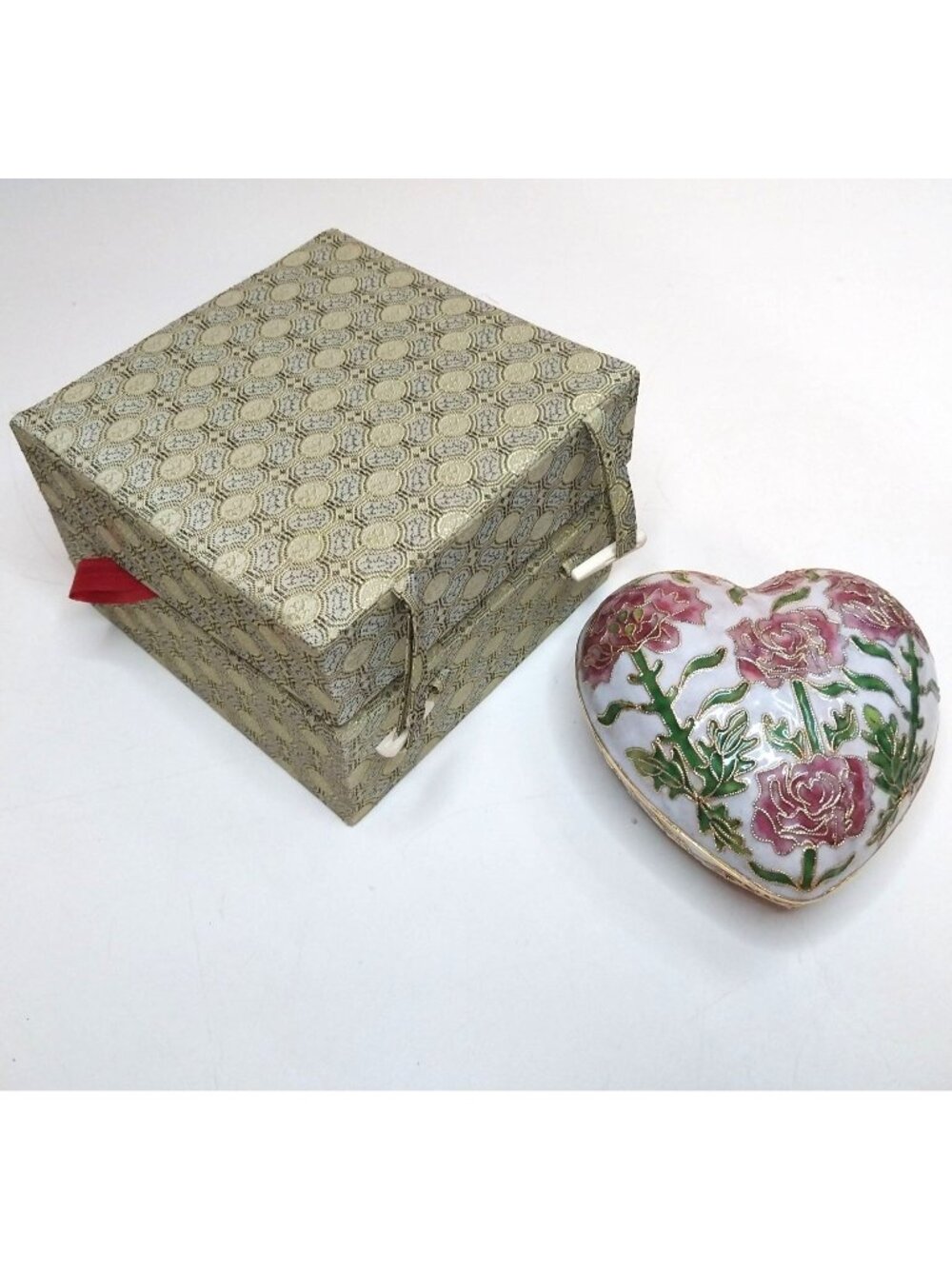 Vintage Heart-Shaped Cloisonné Enamel Trinket Box With Original Box Large